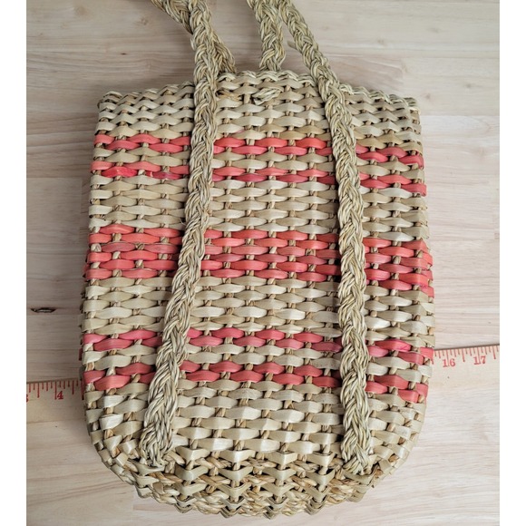 Oslob Cebu Woven Straw Backpack Purse with Braid Handles Pink Tan Stripe Cute - Picture 4 of 10